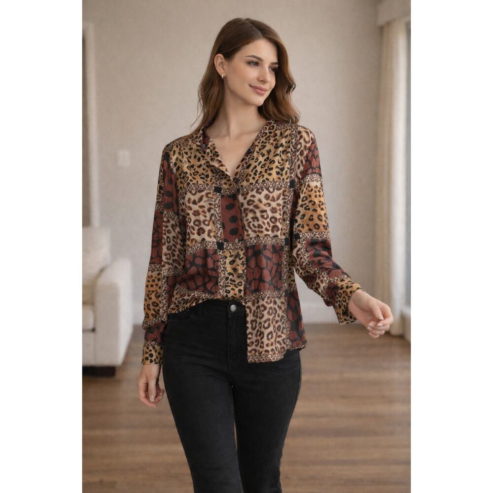 Vntg Leopard Baroque Scarf Print Blouse Button Front Relaxed Fit Statement Top L